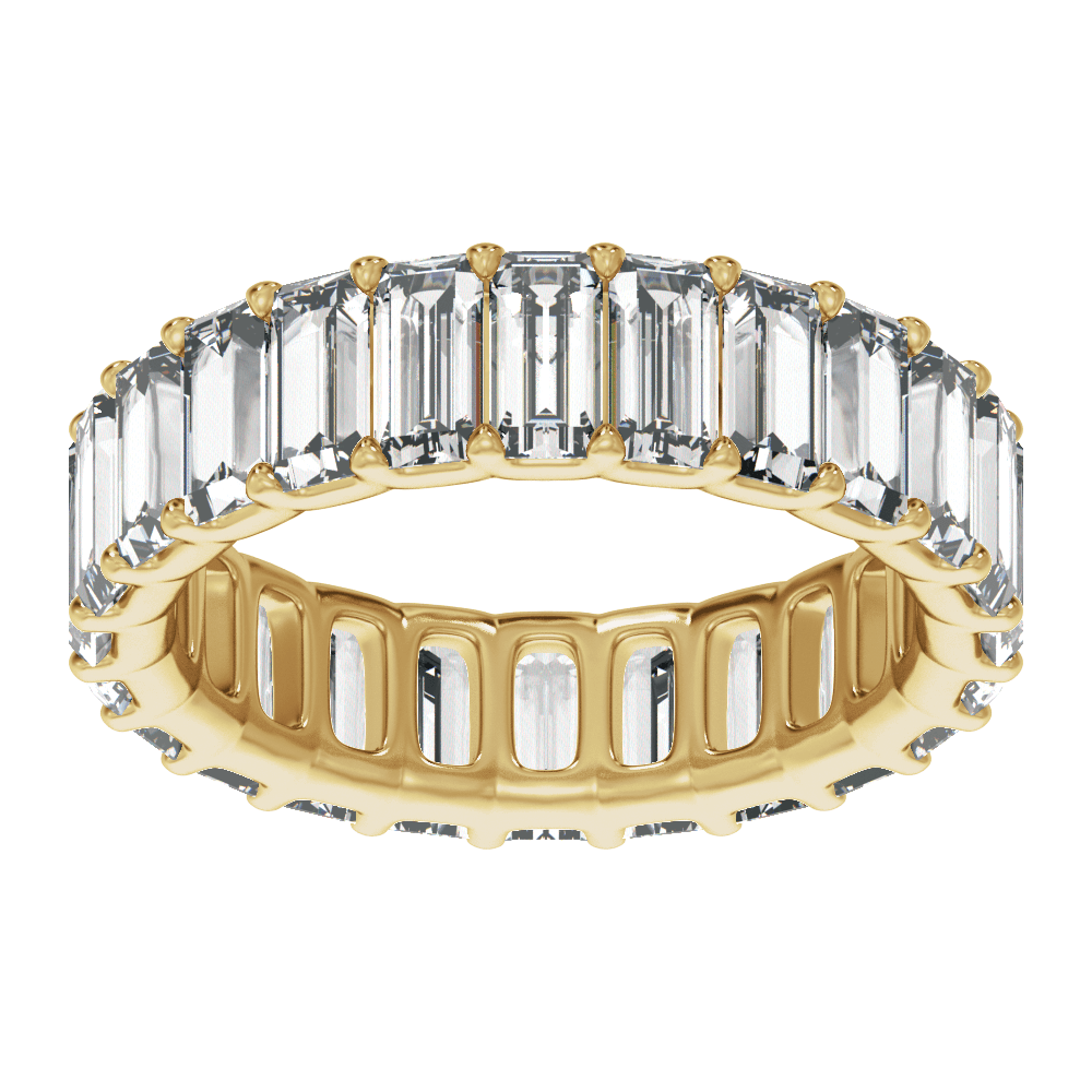 Front view of a 4 3/4 CTW lab-grown straight baguette diamond eternity band in polished 14K yellow gold