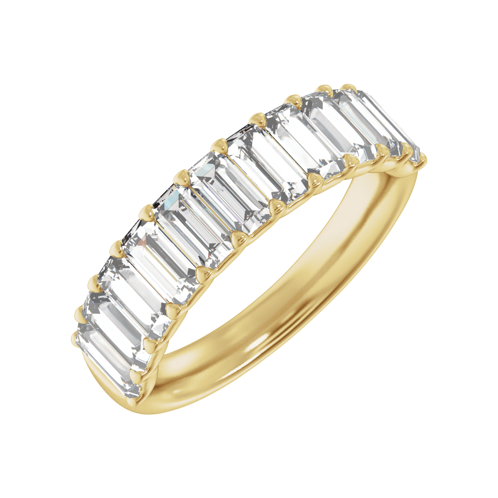 Three-quarter front view of Guerilla Choice 14K yellow gold 2 1/4 CTW lab-grown straight baguette diamond anniversary band