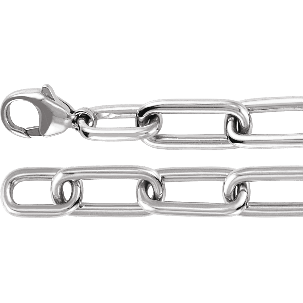 A close-up of a polished 14k White Gold chain with large oval links and a lobster clasp, shown on a plain white background.