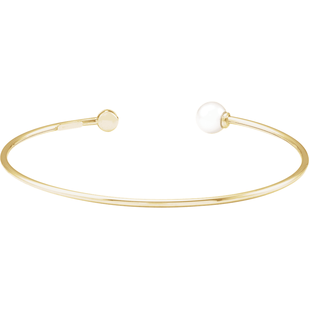 14K yellow gold pearl and natural diamond open cuff bracelet with polished finish
