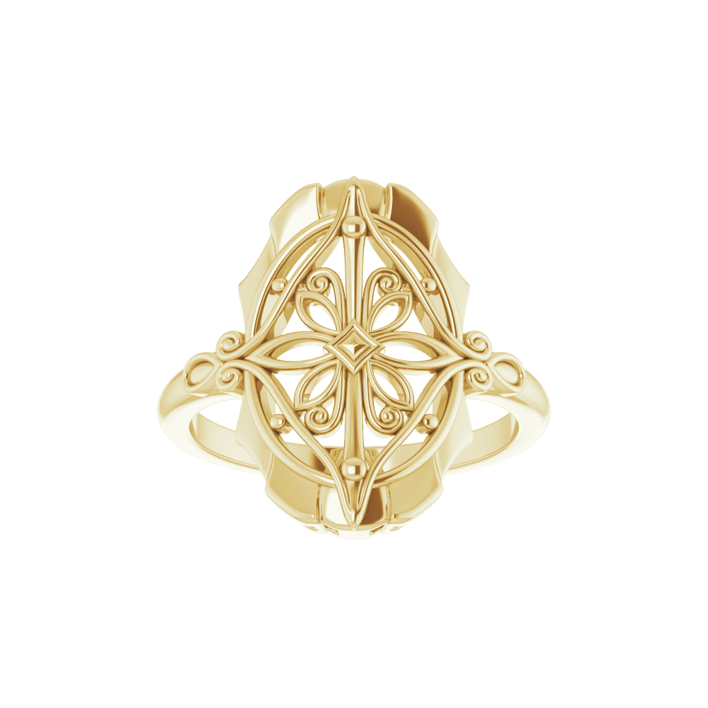 Ornate floral gold ring crafted in solid 14K gold