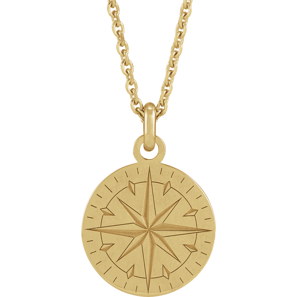 Solid 14K gold compass necklace with engraved compass rose