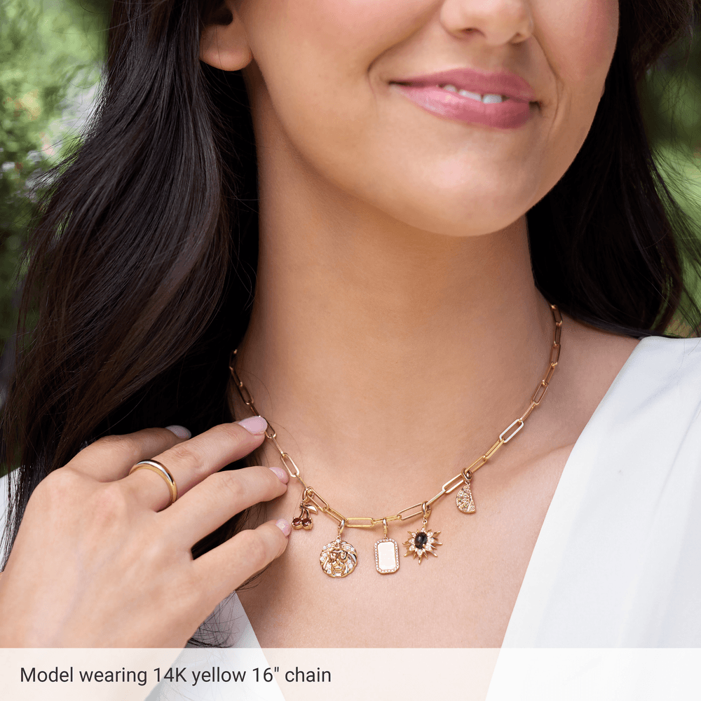 Angled view of the Portofino solid white gold paperclip necklace