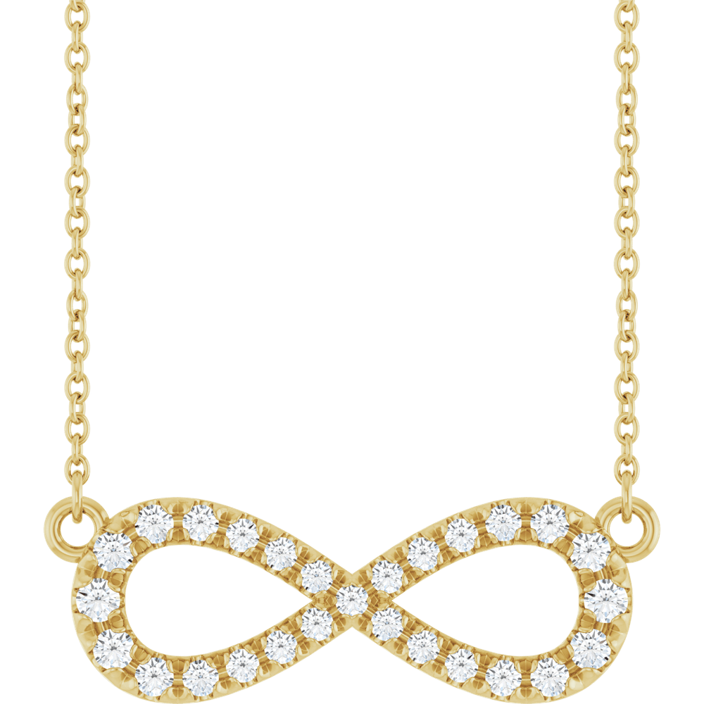14K Yellow Gold Diamond Infinity Necklace featuring round brilliant diamonds in an elegant infinity design.