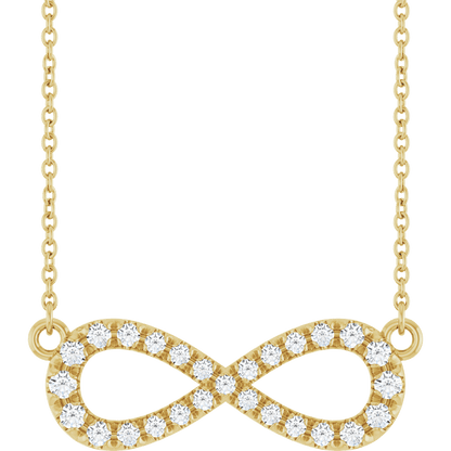 14K Yellow Gold Diamond Infinity Necklace featuring round brilliant diamonds in an elegant infinity design.