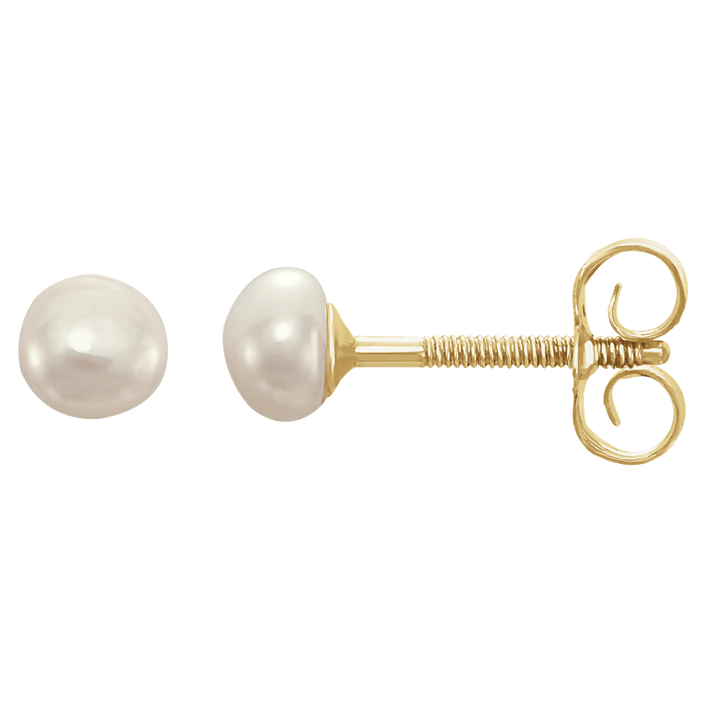 Close-up of cultured white freshwater pearl stud earrings in polished 14K yellow gold