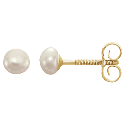 Close-up of cultured white freshwater pearl stud earrings in polished 14K yellow gold