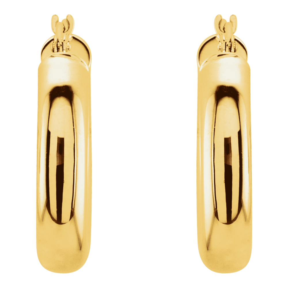Front view of a matching pair of polished solid 14K yellow gold 20 mm tube hoop earrings