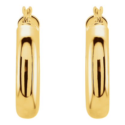 Front view of a matching pair of polished solid 14K yellow gold 20 mm tube hoop earrings