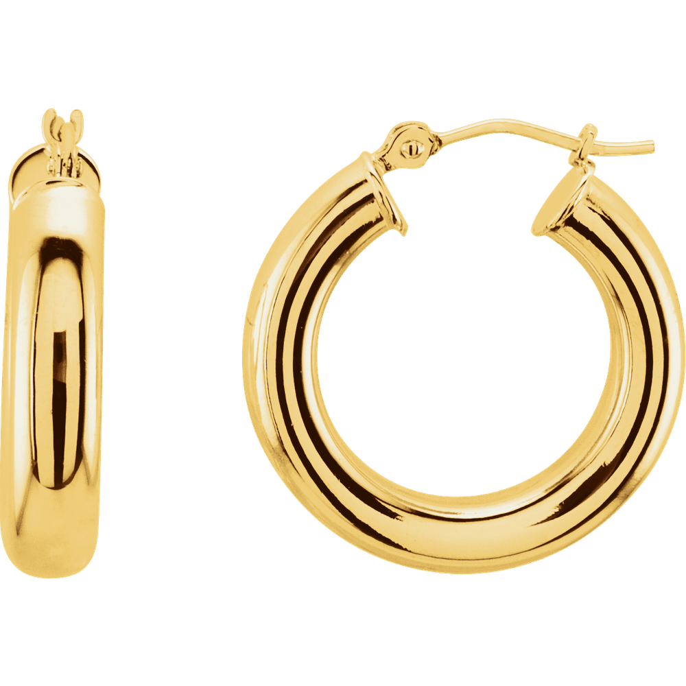 Front and side views of Cercle Solaire solid 14K yellow gold tube hoop earrings measuring 20 mm by 4 mm