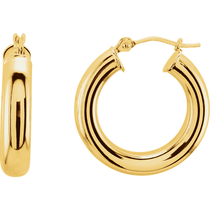 Front and side views of Cercle Solaire solid 14K yellow gold tube hoop earrings measuring 20 mm by 4 mm