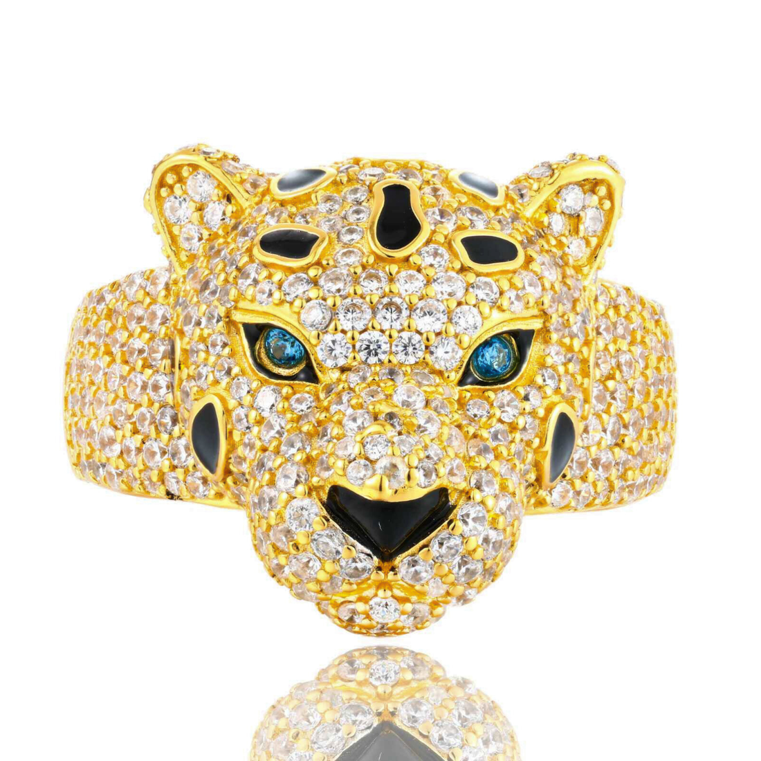 Luxury moissanite panther ring with blue gemstone eyes — S925 silver, pavé stones