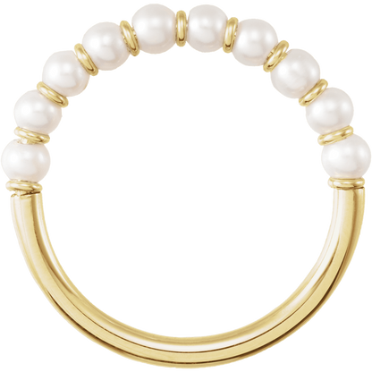 Cultured white freshwater pearl band ring crafted in polished 14K yellow gold