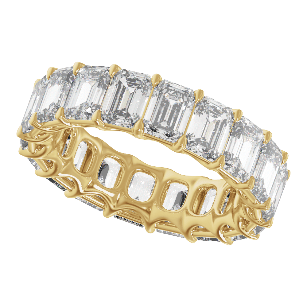 Angled view of a 9 1/3 CTW emerald-cut diamond eternity band in polished 14K yellow gold