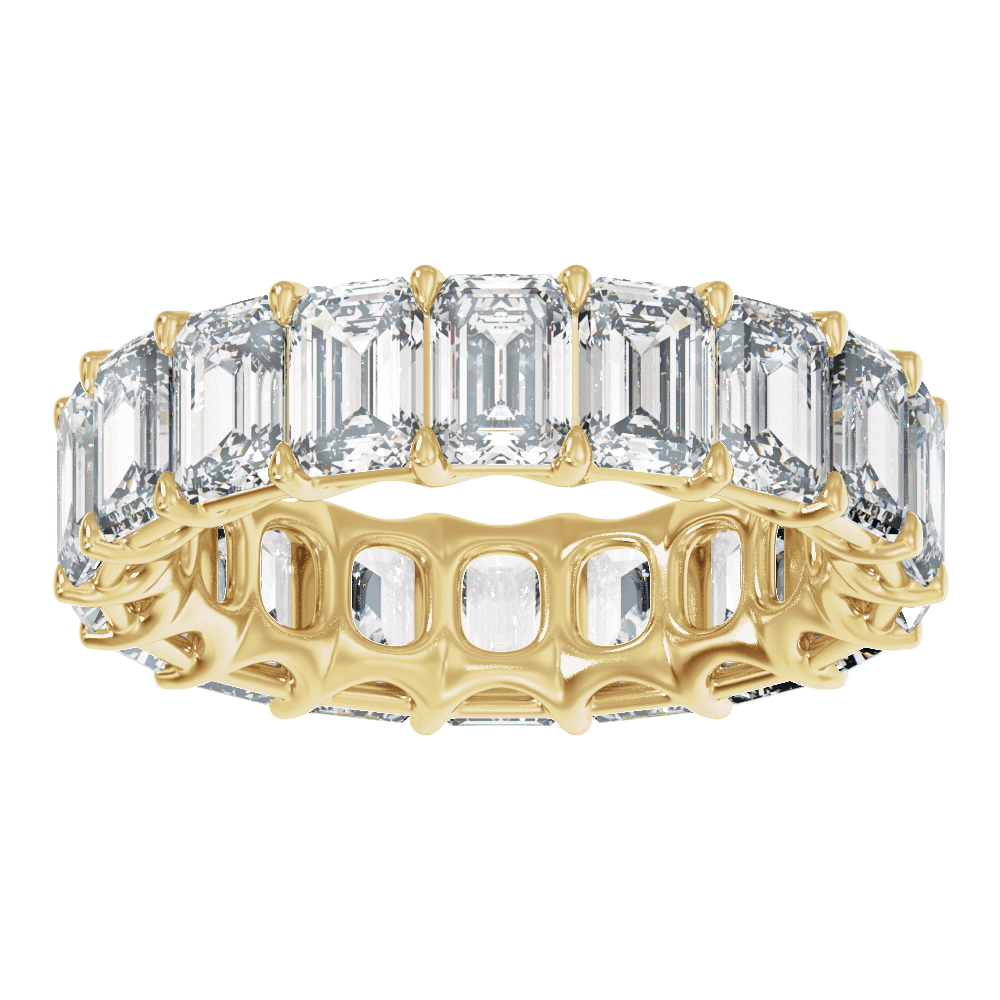 Profile view of a low-profile emerald-cut diamond eternity ring showing its four-claw prong setting