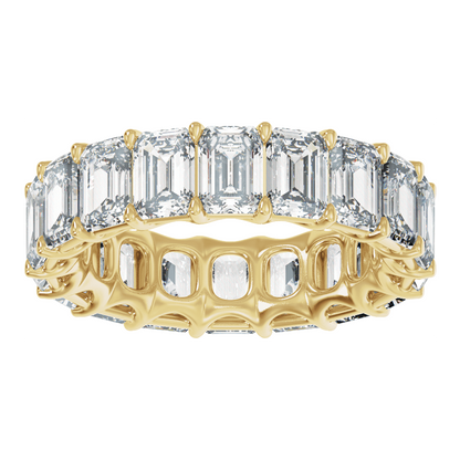 Profile view of a low-profile emerald-cut diamond eternity ring showing its four-claw prong setting