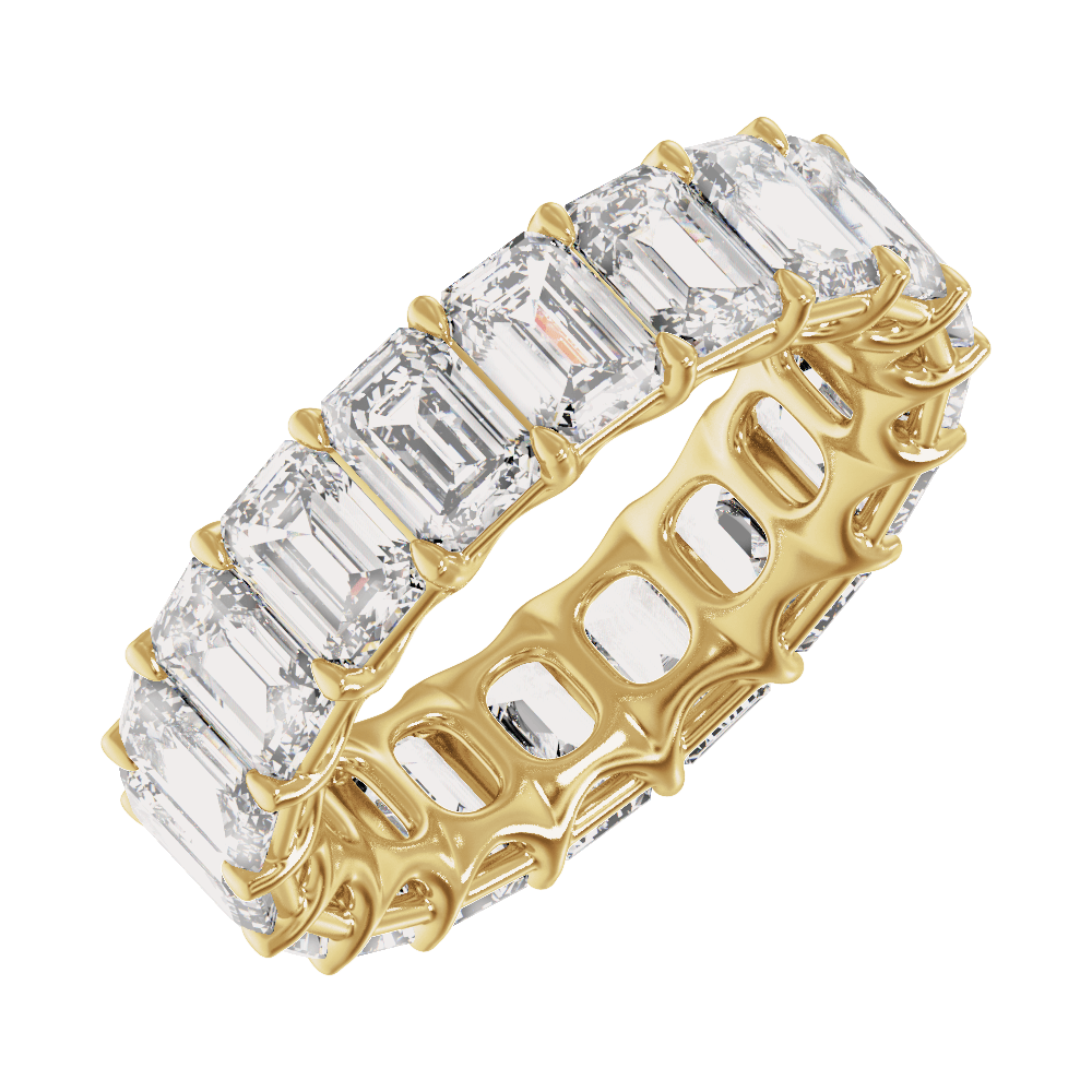 Three-quarter view of Guerilla Choice 14K yellow gold 9 1/3 CTW emerald-cut diamond full eternity band