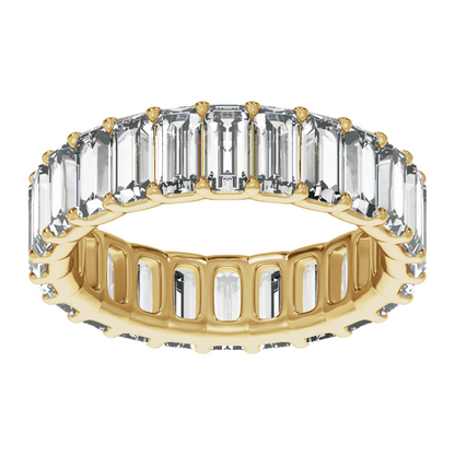Front view of a 4 3/4 CTW lab-grown straight baguette diamond eternity band in polished 14K yellow gold