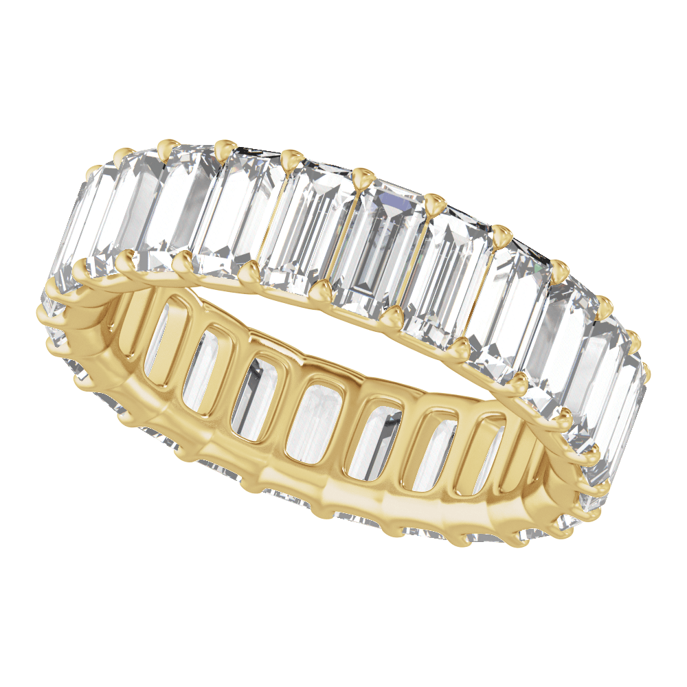 Angled close-up of E-F VS2 lab-grown straight baguette diamonds in a 14K yellow gold full eternity ring