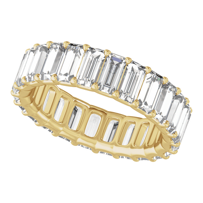 Angled close-up of E-F VS2 lab-grown straight baguette diamonds in a 14K yellow gold full eternity ring
