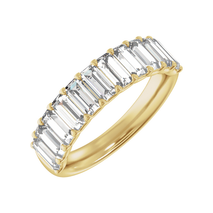 Three-quarter front view of Guerilla Choice 14K yellow gold 2 1/4 CTW lab-grown straight baguette diamond anniversary band