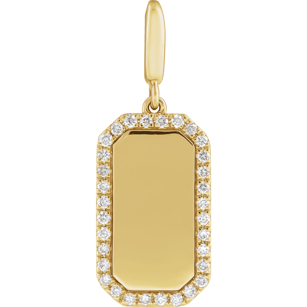 Médaillon engravable 14K yellow gold dog tag pendant with 1/6 CTW natural diamonds — side angle view