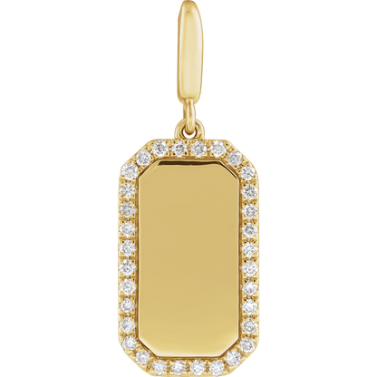 Médaillon engravable 14K yellow gold dog tag pendant with 1/6 CTW natural diamonds — side angle view