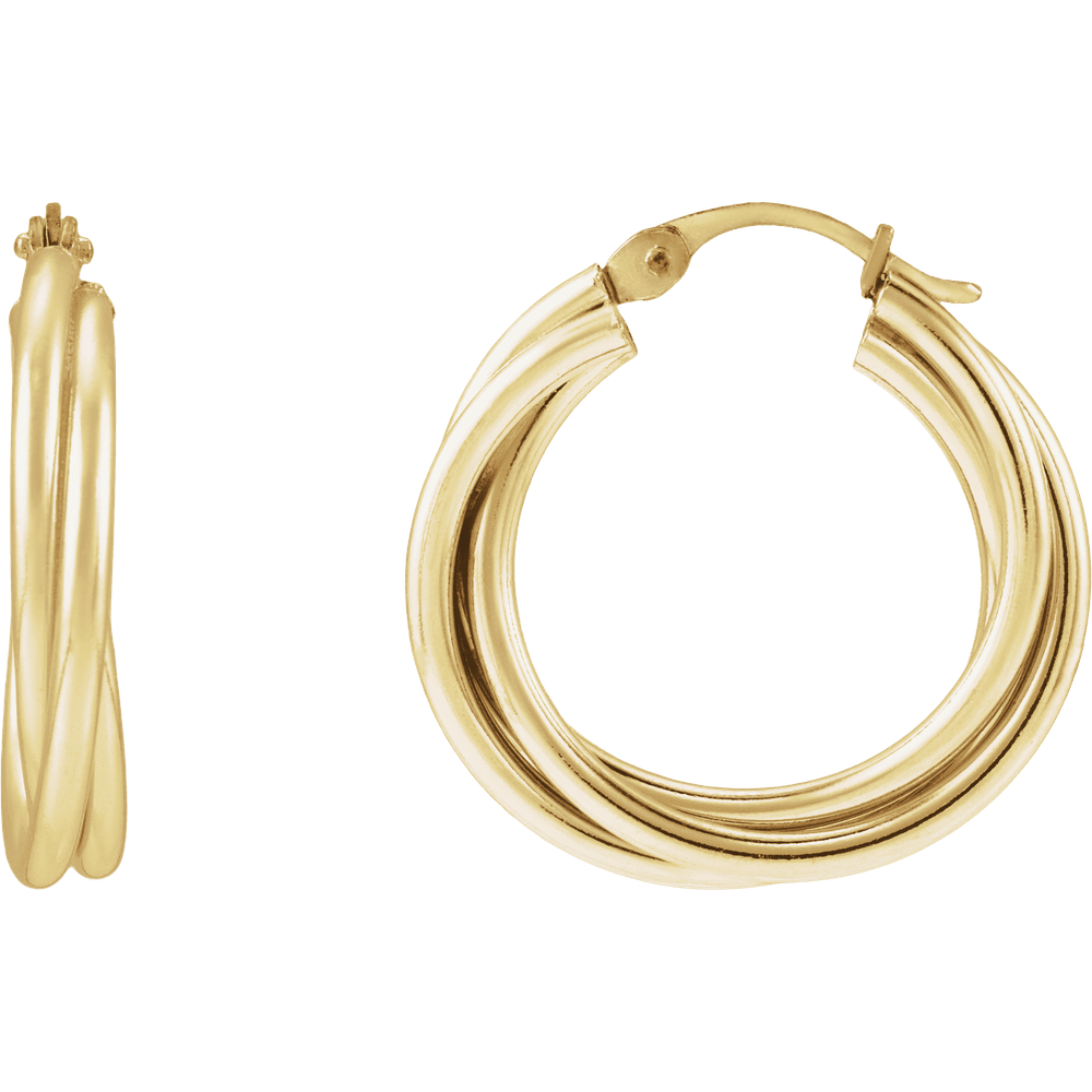 Layered gold-filled hoop earrings with sculptural interwoven bands and friction closures
