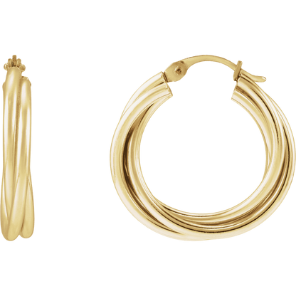 Layered gold-filled hoop earrings with sculptural interwoven bands and friction closures
