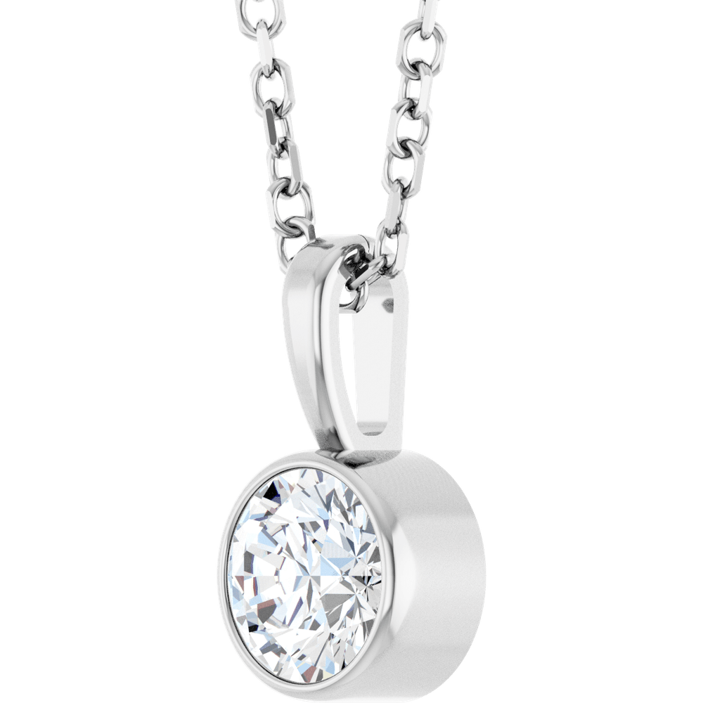 round brilliant cut natural diamond 0.25 ct bezel set necklace light reflection detail