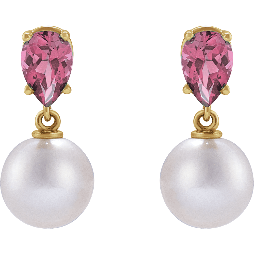 GC Pink Tourmaline Pearl Earrings – 14K Yellow Gold Akoya Drop