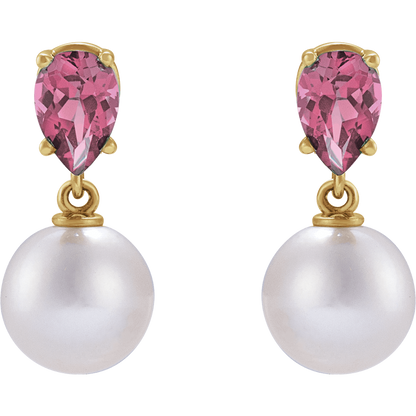 GC Pink Tourmaline Pearl Earrings – 14K Yellow Gold Akoya Drop