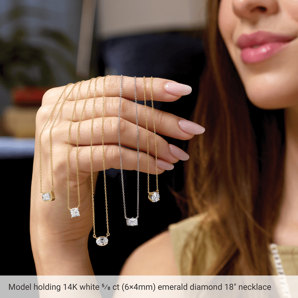 Model wearing the Clarté d’Émeraude 14K yellow gold lab-grown emerald necklace