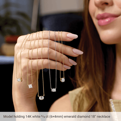 Model wearing the Clarté d’Émeraude 14K yellow gold lab-grown emerald necklace