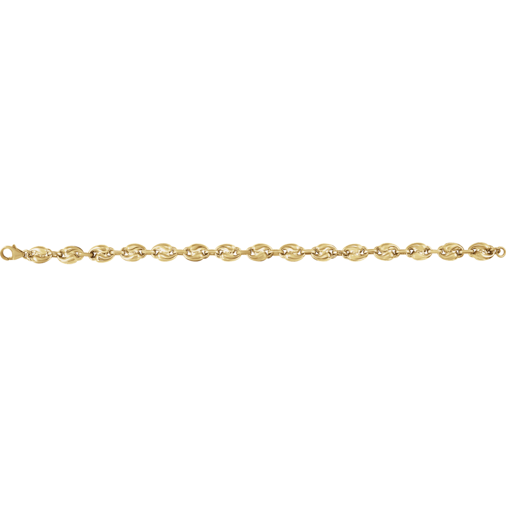 A close-up horizontal view of a yellow gold chain with interlocking oval links on a plain white background.