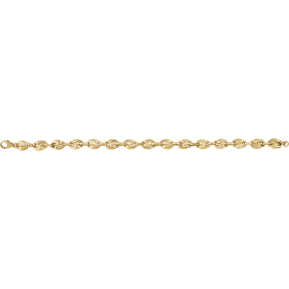 A close-up horizontal view of a yellow gold chain with interlocking oval links on a plain white background.