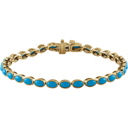 14k yellow gold turquoise line bracelet natural oval turquoise stones luxury gemstone bracelet