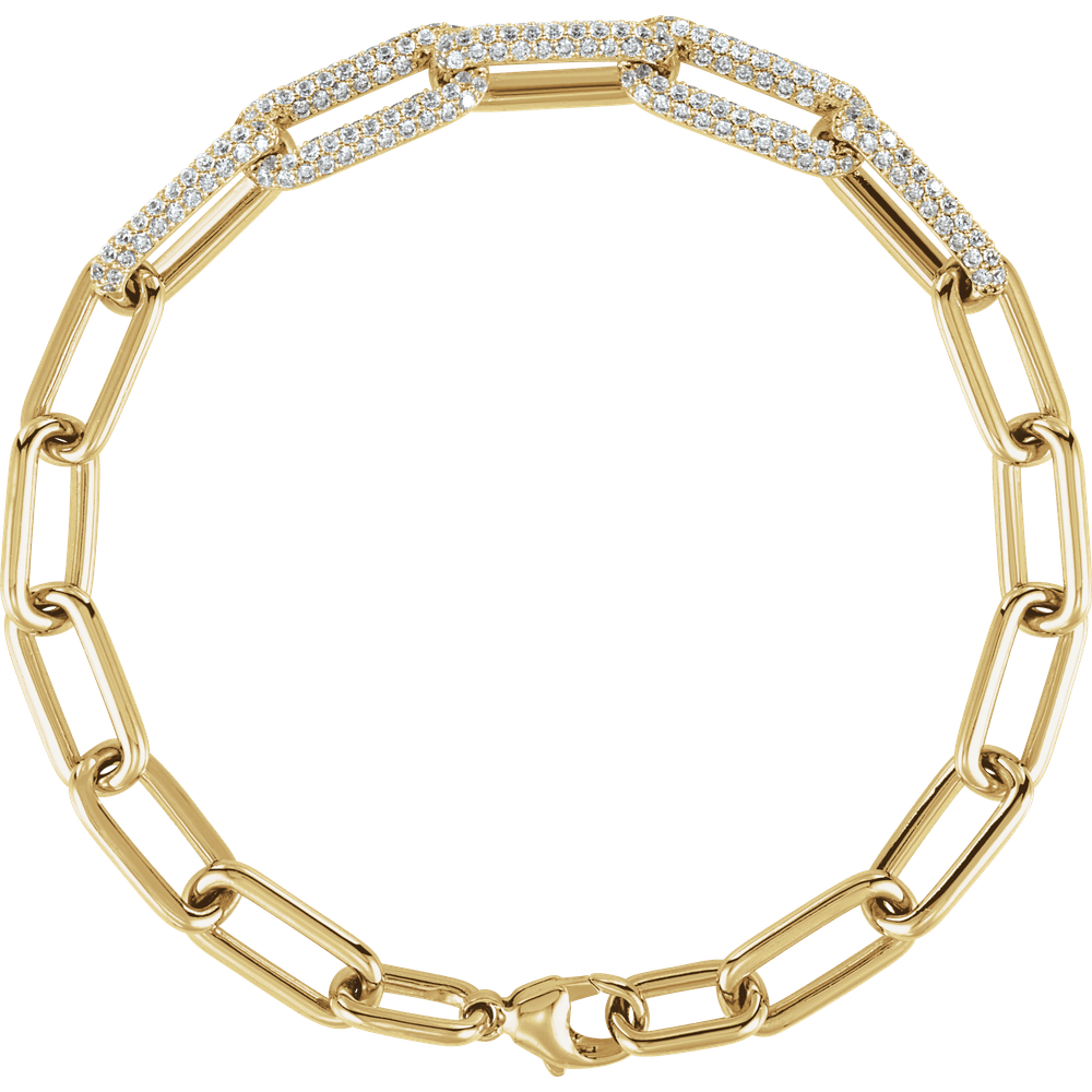 Full view of Guerilla Choice 14K yellow gold 1 1/2 CTW lab-grown diamond paperclip bracelet with alternating polished and diamond-set links