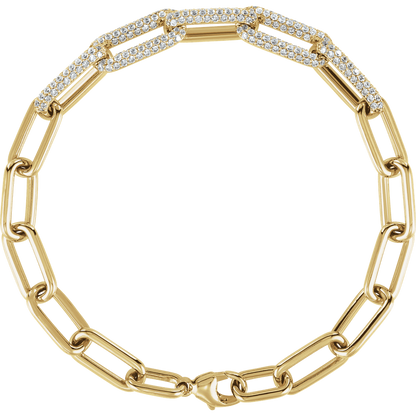 Full view of Guerilla Choice 14K yellow gold 1 1/2 CTW lab-grown diamond paperclip bracelet with alternating polished and diamond-set links