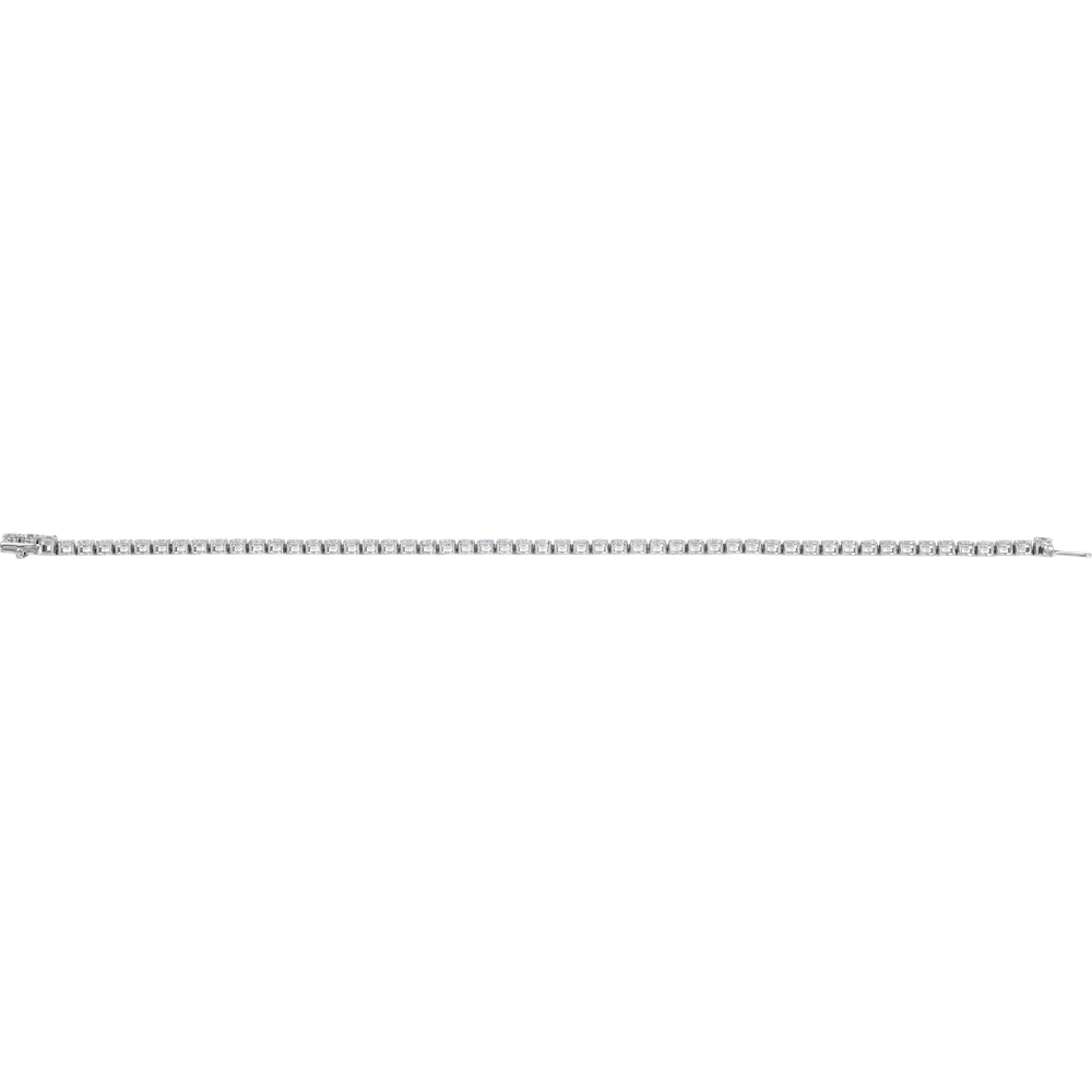 Angled view of a 14K white gold lab-grown diamond tennis bracelet showing its four-prong settings and box clasp