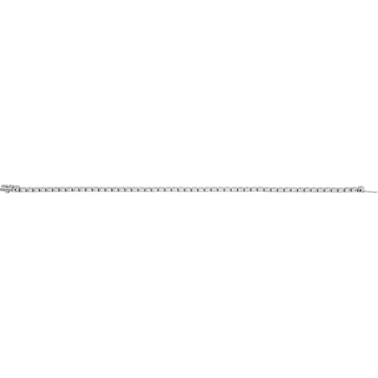 Angled view of a 14K white gold lab-grown diamond tennis bracelet showing its four-prong settings and box clasp