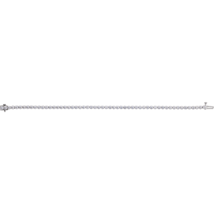 Rear view of a 2.8 mm rhodium-plated 14K white gold tennis bracelet with solid diamond settings