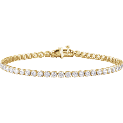 A yellow gold tennis bracelet featuring a row of round-cut clear gemstones, set against a plain white background.