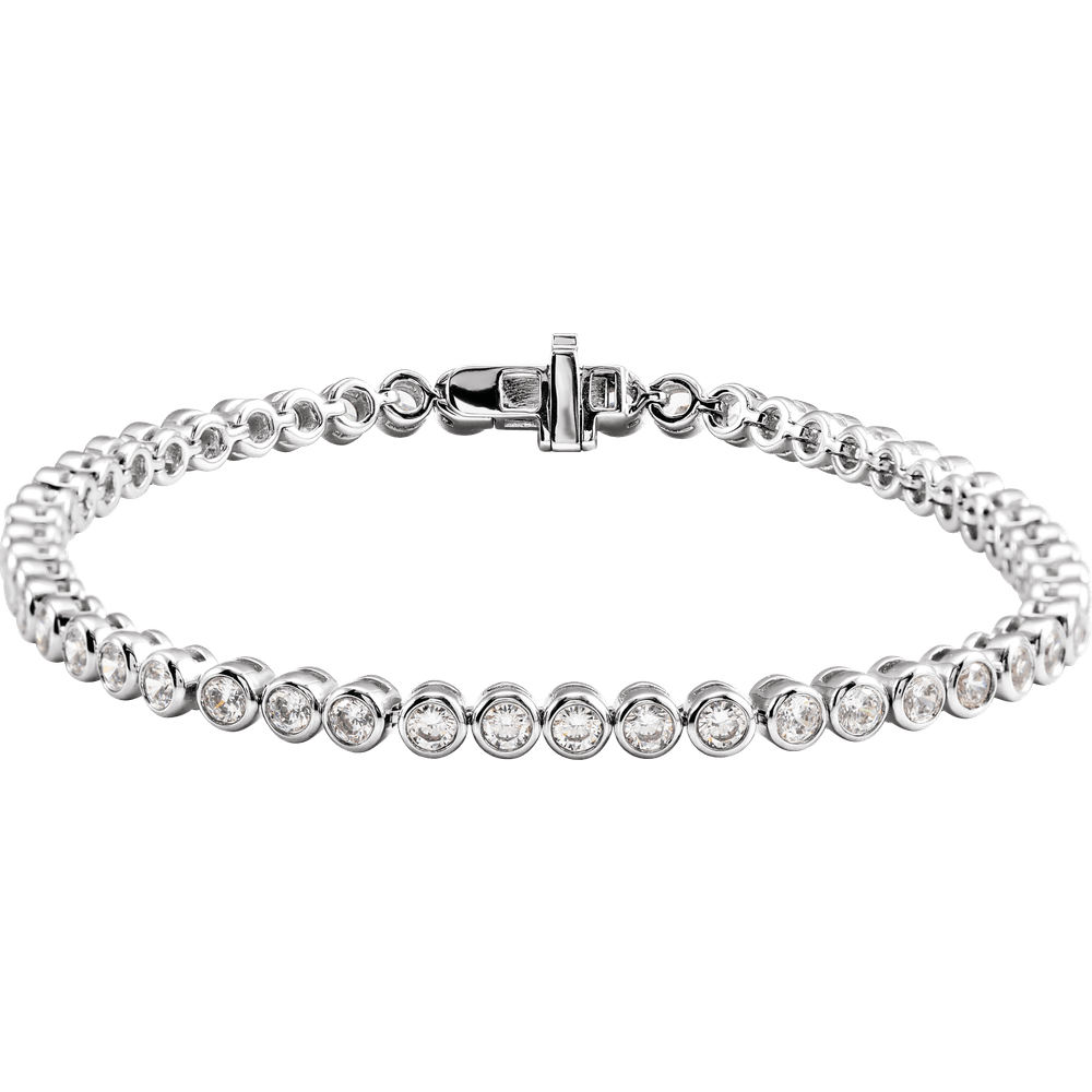 close up bezel set lab grown diamonds 14k gold bracelet round diamond detail