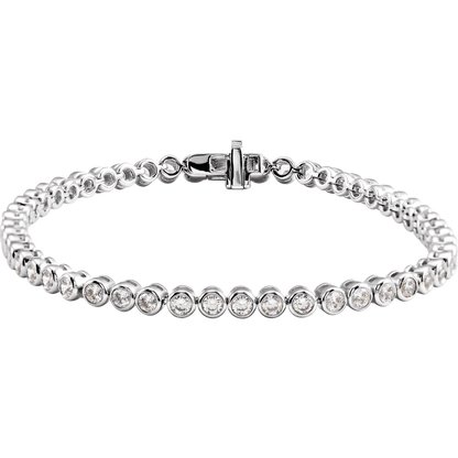 close up bezel set lab grown diamonds 14k gold bracelet round diamond detail