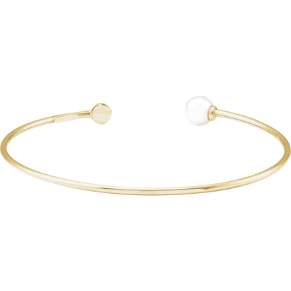 14K yellow gold pearl and natural diamond open cuff bracelet with polished finish