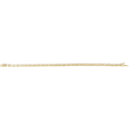 A delicate yellow gold tennis bracelet shown horizontally against a solid white background.