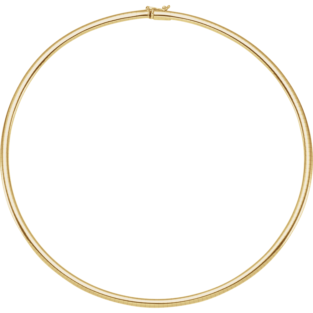 Full view of Sillage d’Or solid 14K yellow gold Omega chain measuring 18 inches long and 4 mm wide