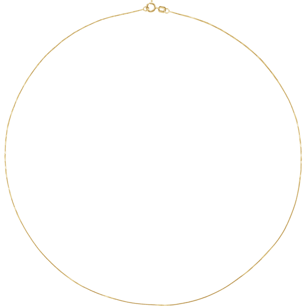Full view of an 18-inch solid 14K yellow gold box chain necklace measuring 0.55 mm wide