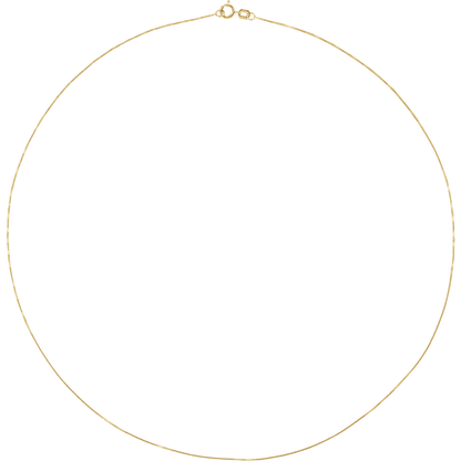 Full view of an 18-inch solid 14K yellow gold box chain necklace measuring 0.55 mm wide
